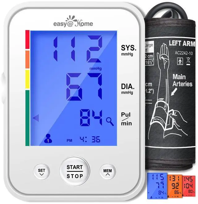 Main image of Blood Pressure Monitor for Home Use: Upper Arm Large Cuff BP Machine - Automatic Tensiometer with 3-Color Backlit Hypertension Display and 2 Users, Supports Free MyHeartPal App Scan, EBP-095