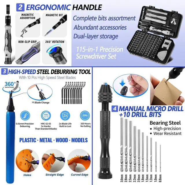 Alt view image 3 of 7 - 262 pcs Large 3D Printer Tool Set (w/Tool Bag) Integrates Basic Model Tools, Multi-spec Nozzle Cleaning kit & mini Electric Grinder, Meets Full-Process Model Needs (Removal, Trimming, Finishing).