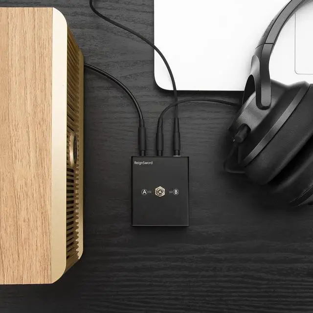 Alt view image 4 of 5 - 3.5 mm Audio Switcher, 2 Ports Audio Splitter Box (2 in 1 Out / 1 in 2 Out) Mini Headphone Manual Selector Converter with Bonus 47.2 in (120 cm) Cable, No External Power Required