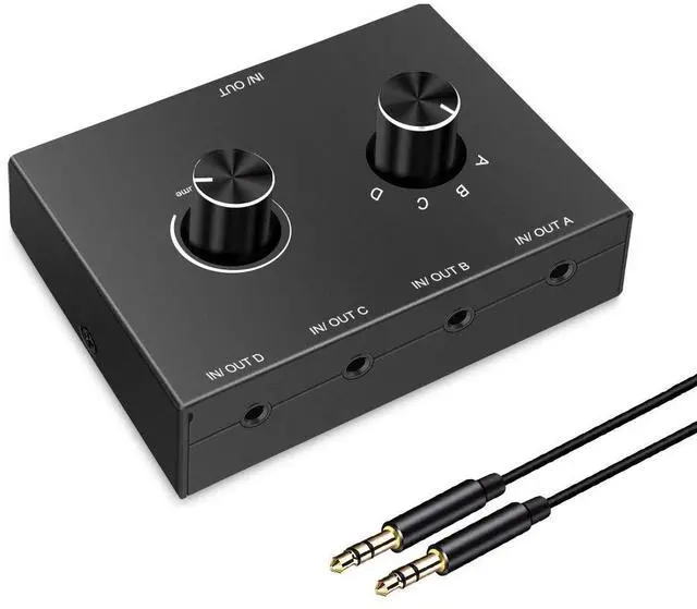 Main image of 4 Port Audio Switch, 3.5mm Stereo AUX Selector, 4 Input 1 Output / 1 Input 4 Output Splitter, Switcher Box With 4 Channel Switch Knob, No External Power Required