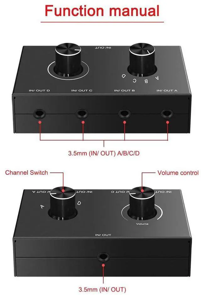 Alt view image 2 of 7 - 4 Port Audio Switch, 3.5mm Stereo AUX Selector, 4 Input 1 Output / 1 Input 4 Output Splitter, Switcher Box With 4 Channel Switch Knob, No External Power Required
