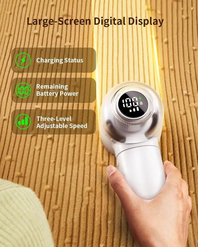 Alt view image 4 of 7 - Fabric Shaver, Rechargeable Lint Remover with Brush, Large Sweater Shaver with Digital Display, 3 Speeds Lint Shaver, 6-Leaf Blades Lint Remover for Clothes, Sofa, Bedding, White