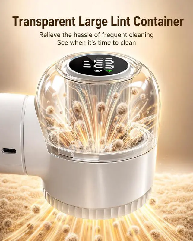 Alt view image 5 of 7 - Fabric Shaver, Rechargeable Lint Remover with Brush, Large Sweater Shaver with Digital Display, 3 Speeds Lint Shaver, 6-Leaf Blades Lint Remover for Clothes, Sofa, Bedding, White