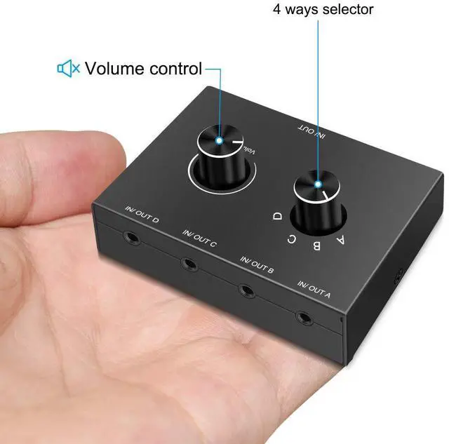 Alt view image 5 of 7 - 4 Port Audio Switch, 3.5mm Stereo AUX Selector, 4 Input 1 Output / 1 Input 4 Output Splitter, Switcher Box With 4 Channel Switch Knob, No External Power Required
