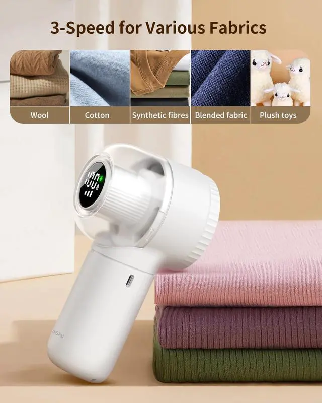 Alt view image 6 of 7 - Fabric Shaver, Rechargeable Lint Remover with Brush, Large Sweater Shaver with Digital Display, 3 Speeds Lint Shaver, 6-Leaf Blades Lint Remover for Clothes, Sofa, Bedding, White