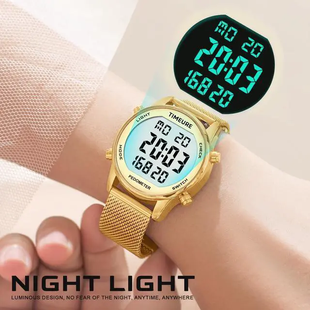 Alt view image 5 of 7 - Women's Step Counter Watch with Stainless Steel Bracelet, Stylish Design, No App, No Charging Needed for Step, Calorie, Distance, Alarm, Countdown TimerTU-2401(Gold)