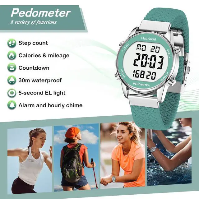 Alt view image 3 of 7 - Womens Pedometer Watch-Step Tracker Watch with Calories Counter-Non Bluetooth Pedometer Watches-LCD Large Numbers-30M Waterproof Watch-Wrist Watch Step Counter for Walking(Green)