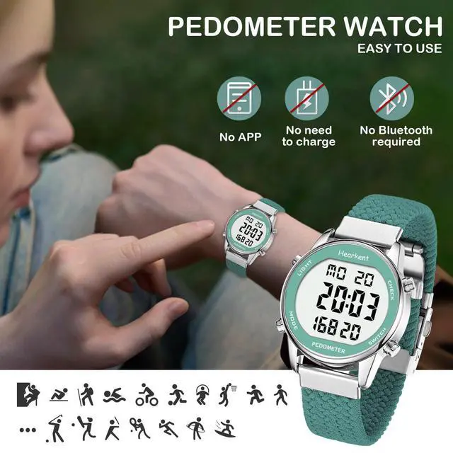 Alt view image 5 of 7 - Womens Pedometer Watch-Step Tracker Watch with Calories Counter-Non Bluetooth Pedometer Watches-LCD Large Numbers-30M Waterproof Watch-Wrist Watch Step Counter for Walking(Green)
