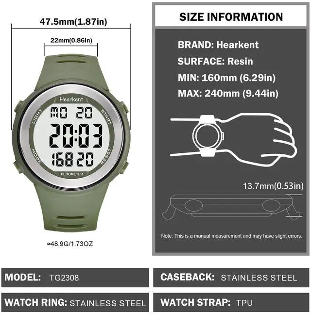 Alt view image 6 of 7 - Pedometer Watch with Light- No App, Waterproof 50m, Step Counter, Calories, Alarm, Fitness Tracker Digital Watch for Men Women(Green)