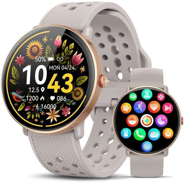 Main image of Smart Watch for Women Men, for Android iOS with Sleep & Calorie Monitor, Pedometer Fitness Tracker, Bluetooth Call, IP68 Waterproof, 112+ Sport Modes Round Face Smartwatch (Gold-Gray)