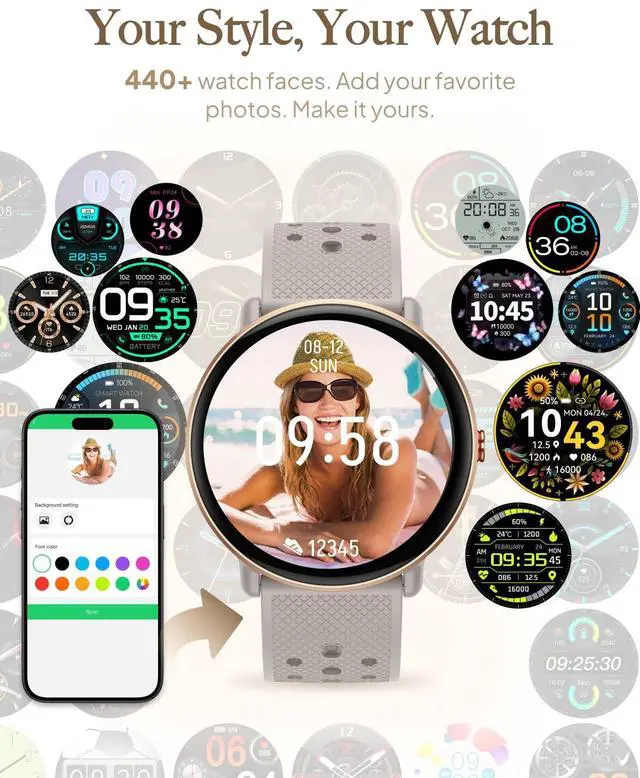 Alt view image 5 of 7 - Smart Watch for Women Men, for Android iOS with Sleep & Calorie Monitor, Pedometer Fitness Tracker, Bluetooth Call, IP68 Waterproof, 112+ Sport Modes Round Face Smartwatch (Gold-Gray)