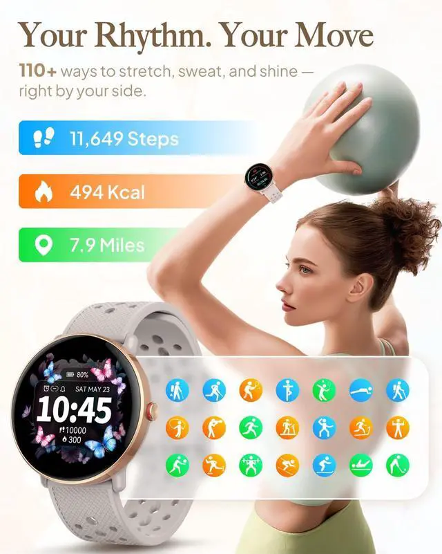 Alt view image 3 of 7 - Smart Watch for Women Men, for Android iOS with Sleep & Calorie Monitor, Pedometer Fitness Tracker, Bluetooth Call, IP68 Waterproof, 112+ Sport Modes Round Face Smartwatch (Gold-Gray)