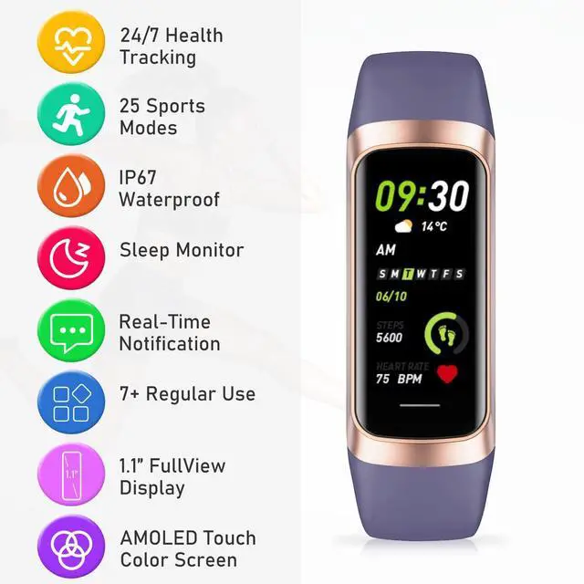 Alt view image 2 of 7 - Fitness Tracker with Heart Rate/Blood Pressure/Pedometer/Calories/Sleep, Activity Tracker with 1.1"" AMOLED Screen, Step Tracker for Android iPhones Women Men