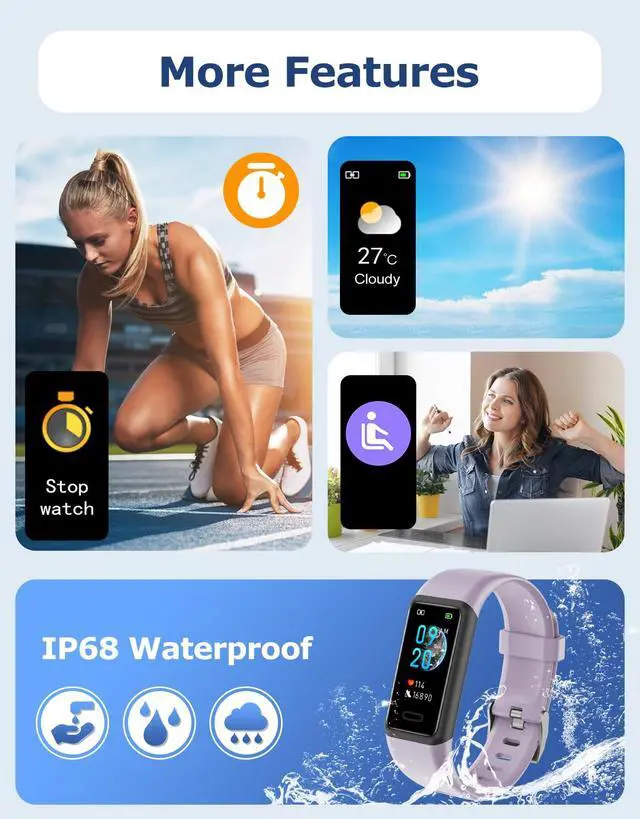 Alt view image 6 of 7 - Fitness Tracker, Fitness Watches for Men Women with 24/7 Heart Rate Monitor Sleep Tracker Step/Calorie Counter Stopwatch Pedometer IP68 Waterproof (Pink)