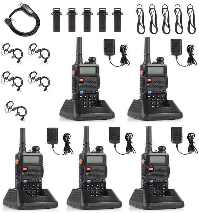 Main image of UV-5R Two Way Radio Dual Band 144-148/420-450Mhz Walkie Talkie with 1800mAh Li-ion Battery, Programming Cable, Headset, Belt Clip, Hand Strap, Desktop Charger, 5 Packs (Black)