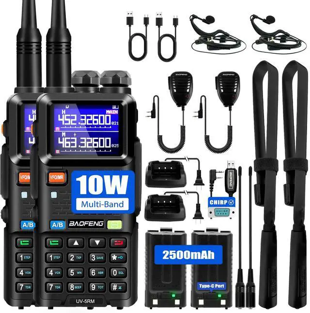 Main image of 5RM Ham Radio 10W Long Range Handheld NOAA Weather Receiver 2500mAh Battery UV-5R Upgrade with Programming Cable,Speaker Mic,Tactical Antenna,Type-C Charging,2Pack