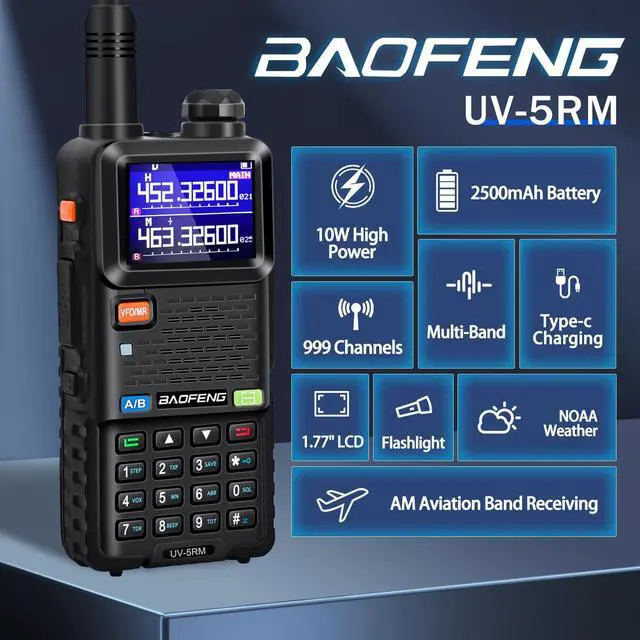 Alt view image 2 of 7 - 5RM Ham Radio 10W Long Range Handheld NOAA Weather Receiver 2500mAh Battery UV-5R Upgrade with Programming Cable,Speaker Mic,Tactical Antenna,Type-C Charging,2Pack