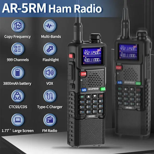 Alt view image 6 of 7 - Radio10W 5RM FM Radio Handheld Two Way Radio Long Range AR-5RM NOAA Weather Radio DTMF Walkie Talkies Copy Frequency 999CH USB-C Charger 3800mAh Battery Survival Radios (2 Pack)