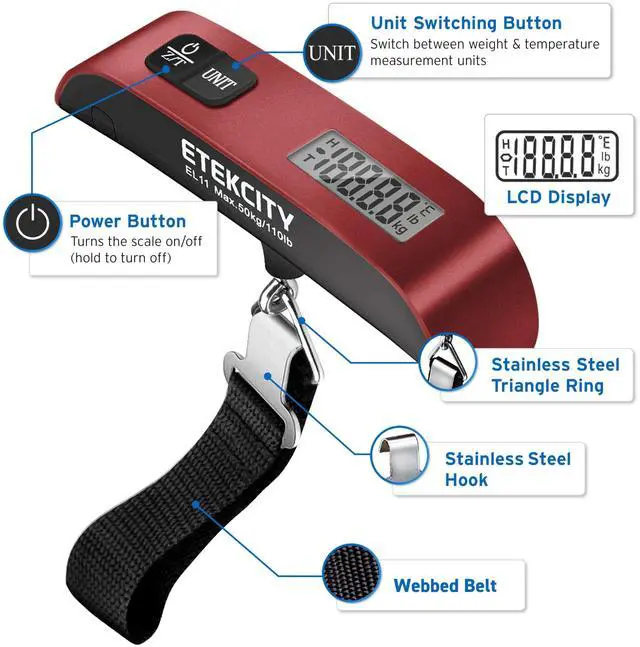 Alt view image 6 of 7 - Luggage Scale, Digital Weight Scales for Travel Accessories Essentials Suitcases , Portable Handheld Scale with Temperature Sensor, Rubber Paint, 110 Pounds, Battery Included