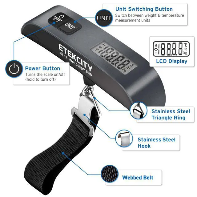Alt view image 6 of 7 - Luggage Scale, Travel Essentials, Digital Suitcase Weight Scales for Travel Accessories, Hanging Baggage Scale with Temperature Sensor, Rubber Paint, 110 Pounds, Battery Included,Grey