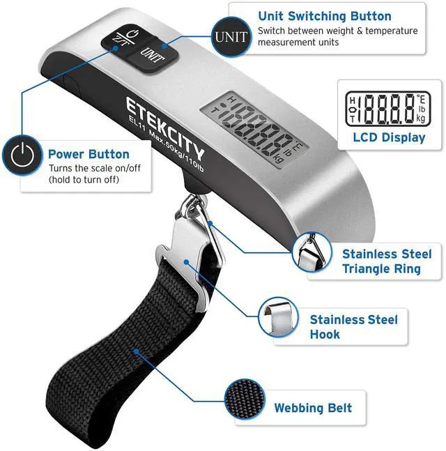 Alt view image 3 of 7 - Luggage Scale, Travel Essentials, Digital Weight Scales for Travel Accessories, Portable Handheld Scale with Temperature Sensor, Rubber Paint, 110 Pounds, Battery Included,2Pack