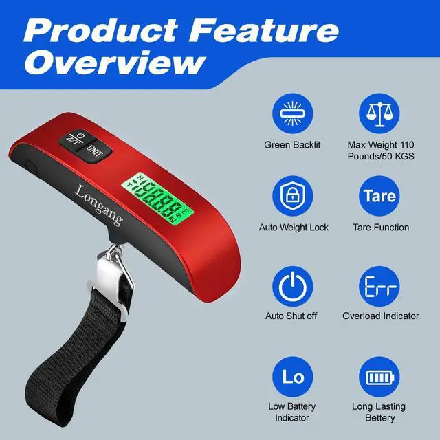 Alt view image 2 of 7 - Digital Hanging Luggage Scale with Backlit for Travel, Portable Handheld Suitcase Weight Scale with Hook, 110 Pounds, Battery Included