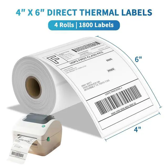 Alt view image 2 of 7 - 4x6 Direct Thermal Shipping Labels for Zebra 2844 ZP-450 ZP-500 ZP-505,Blank,450 Labels/Roll, 1" Core,Total 4 Rolls