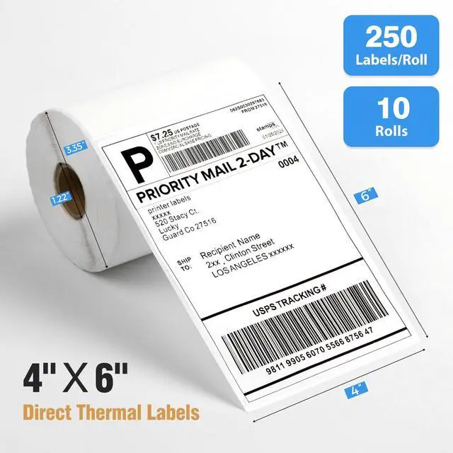 Alt view image 2 of 7 - 4" x 6" Direct Thermal Shipping Labels 2500 Thermal Label Stickers Commercial Grade 10 Rolls Perforated Shipping Label Compatible with Zebra, Rollo, Jadens, Nelko (10 Rolls - 2500 Labels)