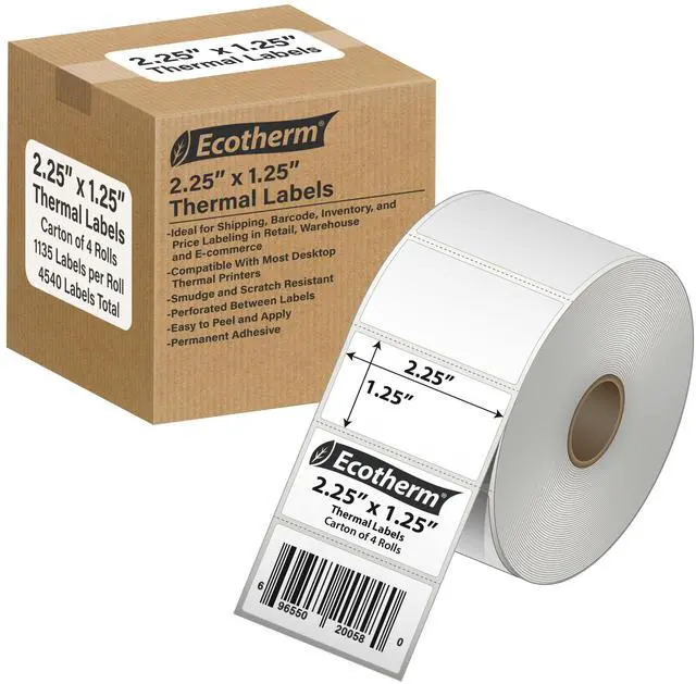Main image of 2.25" x 1.25" Thermal Labels | 4 Rolls | 4540 Labels | fits Zebra, Munbyn, Rollo, Godex, Arkscan, iDPRT, Offnova Thermal Label Printers and More | Blank White Adhesive Stickers