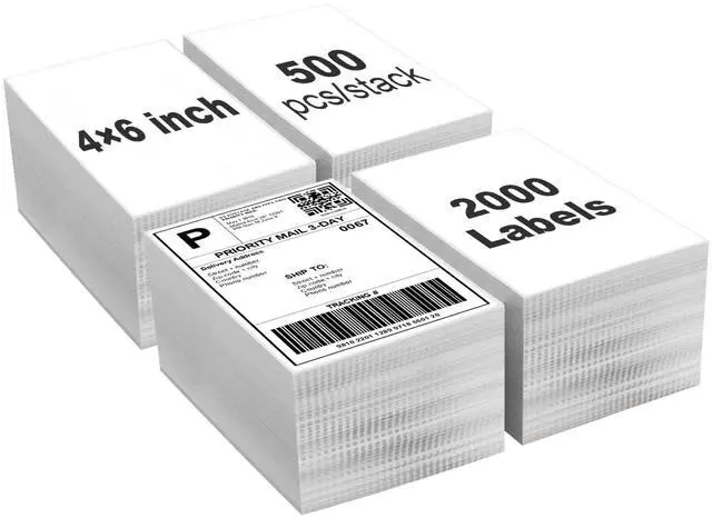 Main image of 2000 Labels/4 Stacks 4" x 6" Fanfold Direct Thermal Labels (101mm x 152mm) Shipping Address Mailing Postage Labels Compatible for Zebra & Rollo Printer Adhesives (500 Labels/Stack)