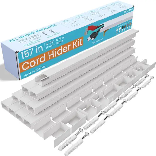 Main image of Cord Hider, Wire Cover, Cord Covers Wall Mounted TV, Cable Hider, 157 in Paintable White Raceway Kit, Electrical Cords Concealer, Cable Management, Hide Cords Wall, Wire Molding, Adhesive Channel