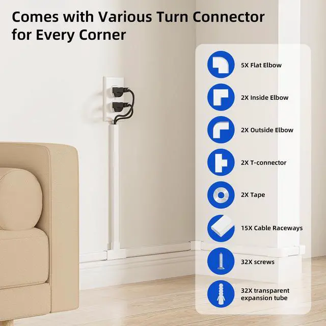 Alt view image 3 of 7 - 236in Cord Hider, Cord Covers for 2-3 Wires on Wall, Premium TV Cable Hider, Paintable Wire Hiders Wire Covers for Cords on Wall, Easier Setup Cable Cover Raceway, W0.94 H0.47in, White