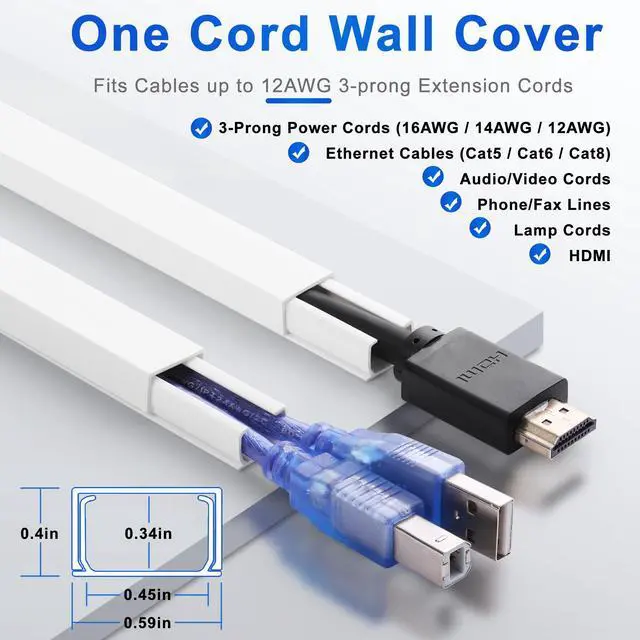 Alt view image 2 of 7 - Cord Hider Wall for One Cord, 136in Cord Covers for Wires on Wall, Easy Install Cable Cover Wall, Cable Raceway White Hide Cords, Cable Hider Cord Management Wall, 8X L17in W0.6in H0.4in