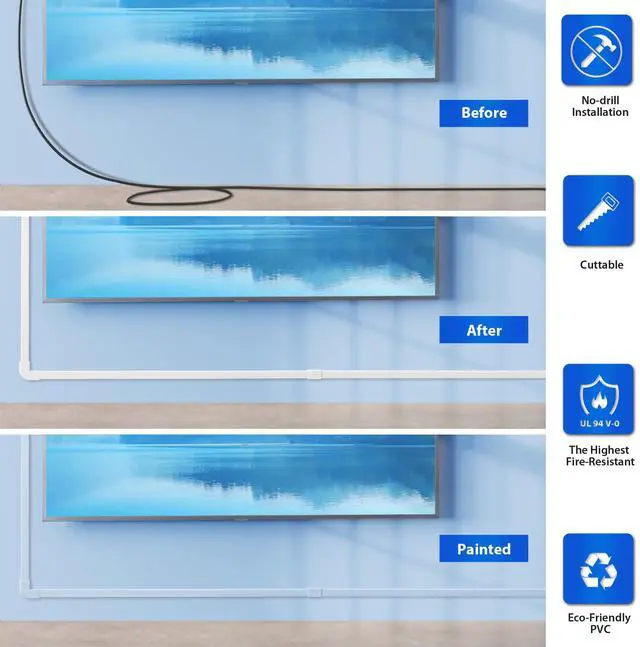 Alt view image 3 of 7 - Cord Hider Wall for One Cord, 136in Cord Covers for Wires on Wall, Easy Install Cable Cover Wall, Cable Raceway White Hide Cords, Cable Hider Cord Management Wall, 8X L17in W0.6in H0.4in
