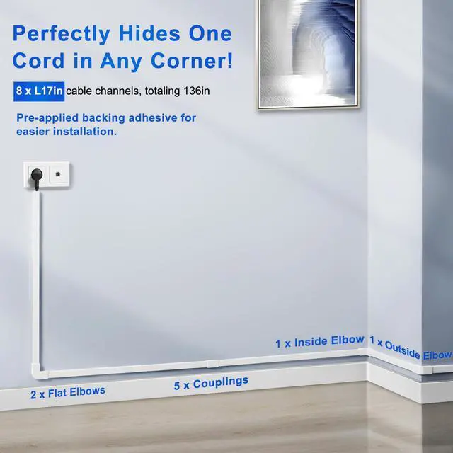 Alt view image 4 of 7 - Cord Hider Wall for One Cord, 136in Cord Covers for Wires on Wall, Easy Install Cable Cover Wall, Cable Raceway White Hide Cords, Cable Hider Cord Management Wall, 8X L17in W0.6in H0.4in