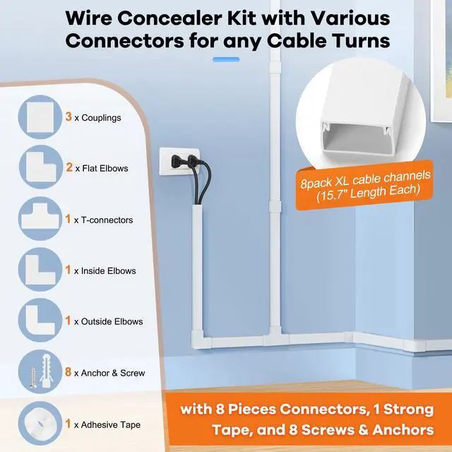 Alt view image 3 of 7 - Cord Hider Kit 126in (8 x L15.7in) - Cable Covers for Wires on Wall, Wire Hider for Wall Mounted TV, White Cable Raceway, Paintable Cord Cover Cable Management for Home Office, W1.54in x H0.75in