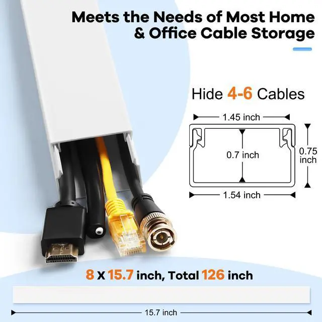 Alt view image 2 of 7 - Cord Hider Kit 126in (8 x L15.7in) - Cable Covers for Wires on Wall, Wire Hider for Wall Mounted TV, White Cable Raceway, Paintable Cord Cover Cable Management for Home Office, W1.54in x H0.75in