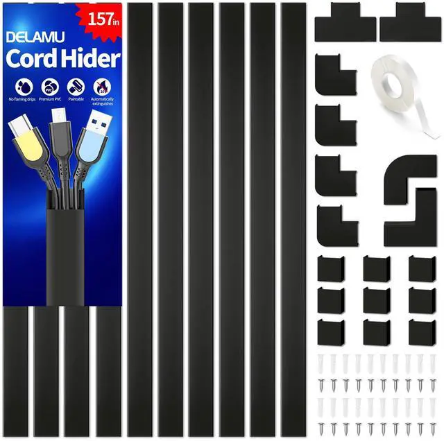 Main image of Cable Hider, 157in Cord Hider Wall for Wall Mounted TV, Wire Hider Kit, Paintable Cable Concealer Raceway Management for Home & Office, 10XL15.7 W0.95 H0.55in, Black