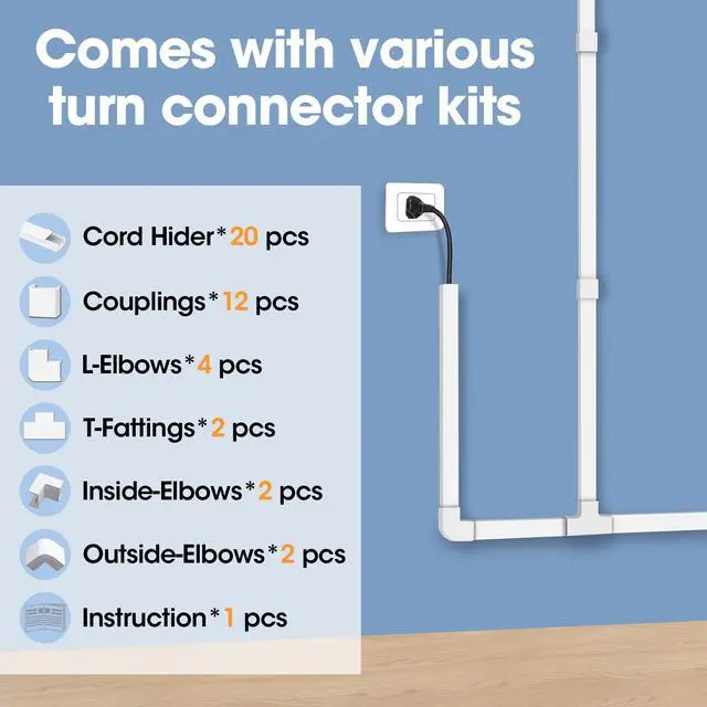 Alt view image 4 of 7 - 315in Cord Hider Kit, Cord Covers for Wires on Wall, Cord Hider for Wall Mount tv, tv Cable Hider Wall kit, Paintable Cable Raceway, Wire Covers for Cords, 20X L15.7in X W0.59in X H0.4in, White