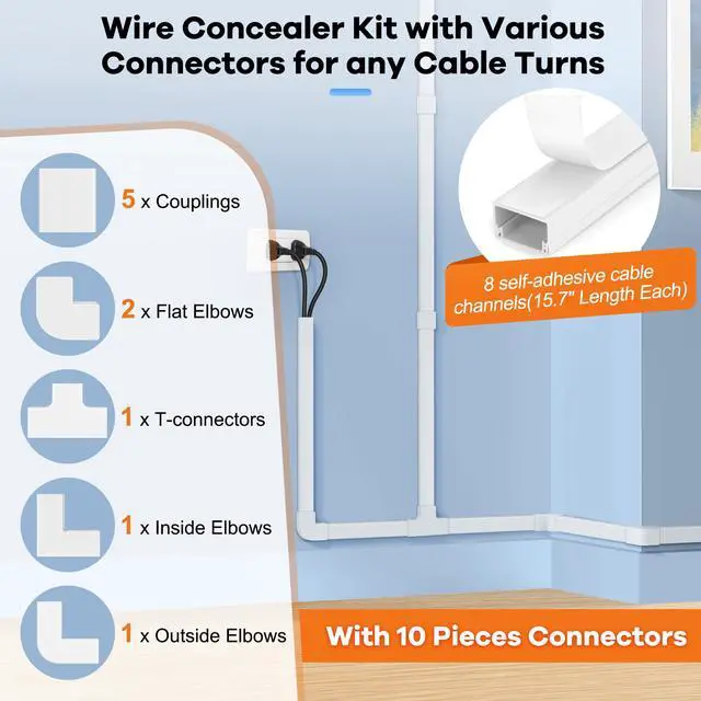 Alt view image 3 of 7 - 126in Cord Hider Kit, Cord Cover for Wall Mounted TV, Paintable Wire Cover for Cords, TV Cable Hider Wall Kit, Cable Cover Wire Management, White Cords Concealer, 8 x L15.7in W0.95in H0.55in