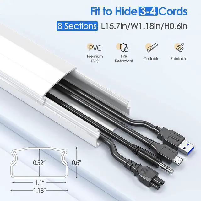 Alt view image 2 of 7 - 125in Cord Hider, Large Cord Covers for Wires on Wall, Cable Management Kit for Mount TVs, Wire Hider Cable Concealer for Home Office, W1.18in H0.6in, White