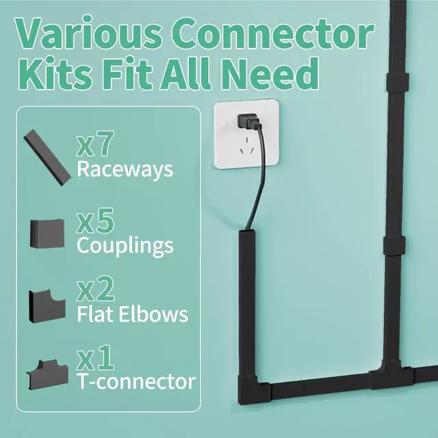 Alt view image 5 of 7 - Cord Hider, 100in Self-Adhesive Cord Cover Kit for Wall Mounted TV, Paintable Wire Hider, Flexible Cable Management System, Cable Raceway Conceals 2-3 Wires, W0.95 H0.55in, Black