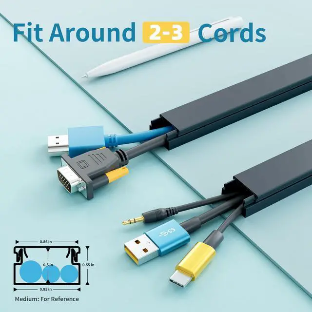 Alt view image 2 of 7 - Cord Hider, 100in Self-Adhesive Cord Cover Kit for Wall Mounted TV, Paintable Wire Hider, Flexible Cable Management System, Cable Raceway Conceals 2-3 Wires, W0.95 H0.55in, Black
