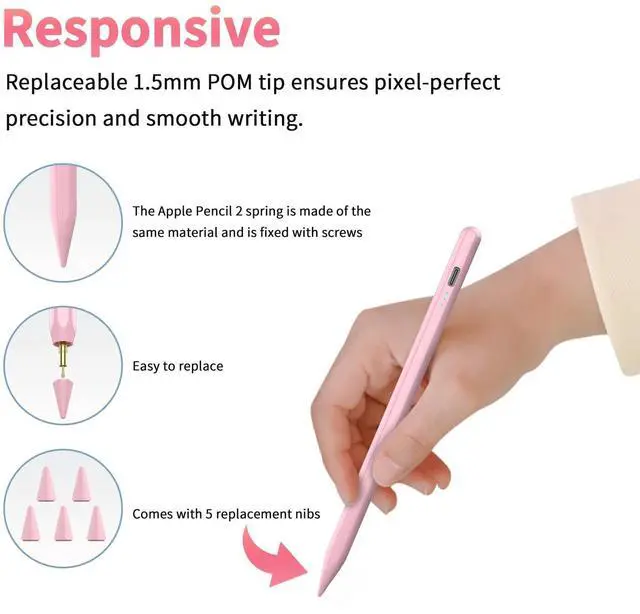 Alt view image 5 of 7 - Stylus Pen for iPad 2025-2018 Faster Charge Apple Pencil with Tilt Sensitivity & Palm Rejection & Magnetic Compatible iPad 11/10/9/8/7/6, Pad Air 3/4/5, Pro 12.9"/11", Mini 6/5, M2/M4 Pink