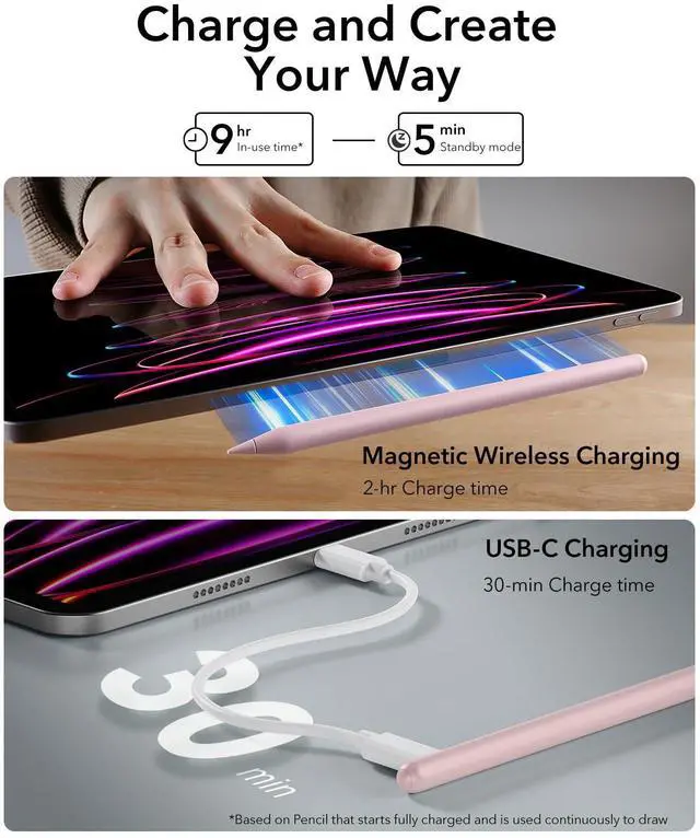 Alt view image 2 of 7 - Stylus Pen for iPad, Magnetic Wireless Charging iPad Pencil, Digital Pencil Pro with Tilt Sensitivity and Palm Rejection for iPad Pro 12.9/11, iPad Air 5/4, and iPad mini 6, Pink