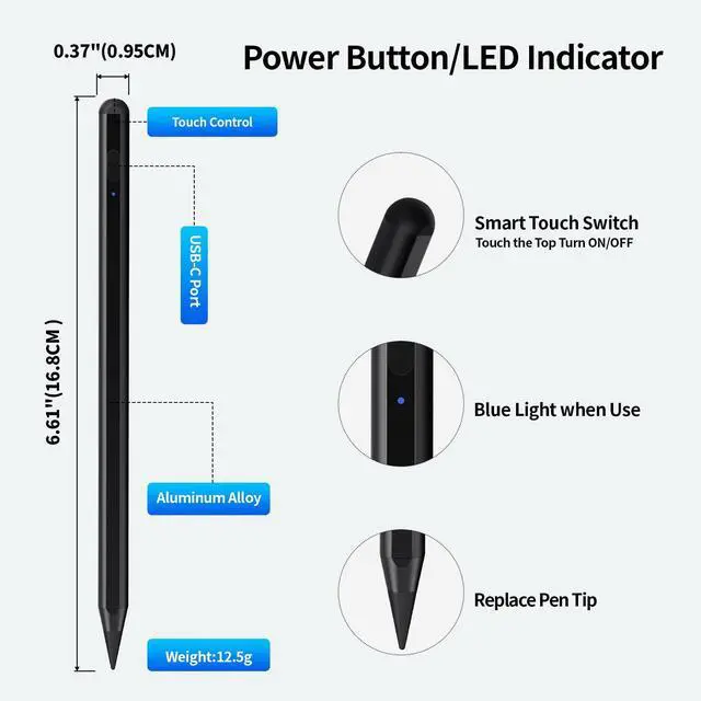 Alt view image 3 of 7 - Stylus Pencil for Apple 2018-2026 iPad, 2X Fast Charge iPencil USB-C Compatible with iPad 11/10/9/8/7/6th Gen, iPad Pro 11"/12.9"/13-inch M4, Air 3/4/5/M2/M3, Mini 5/6/7 Gen-G2 Black