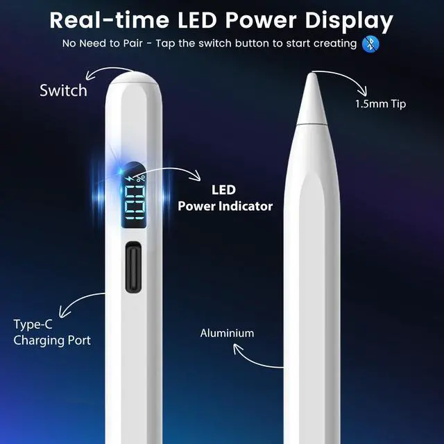 Alt view image 2 of 7 - iPad Pencil 2025-2018, LED Display Fast Charge Stylus Pen with Palm Rejection & Tilt Sensitivity, Compatible for iPad A16 11/10/9/8/7/6, Pro 11"/12.9"/13''/M4, Air M3/M2/5/4/3, Mini 7/6/5