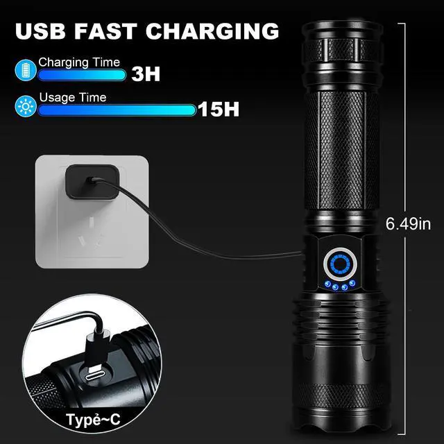 Alt view image 5 of 7 - Rechargeable LED Flashlights High Lumens, 99000 Lumens Bright Flashlight with 5 Modes & Waterproof, Powerful Flash Light Handheld Flashlights for Home Camping Emergencies - 2 Pack