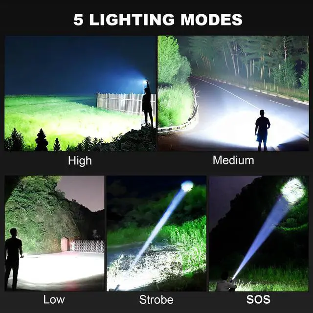 Alt view image 4 of 7 - Rechargeable LED Flashlights High Lumens, 99000 Lumens Bright Flashlight with 5 Modes & Waterproof, Powerful Flash Light Handheld Flashlights for Home Camping Emergencies - 2 Pack
