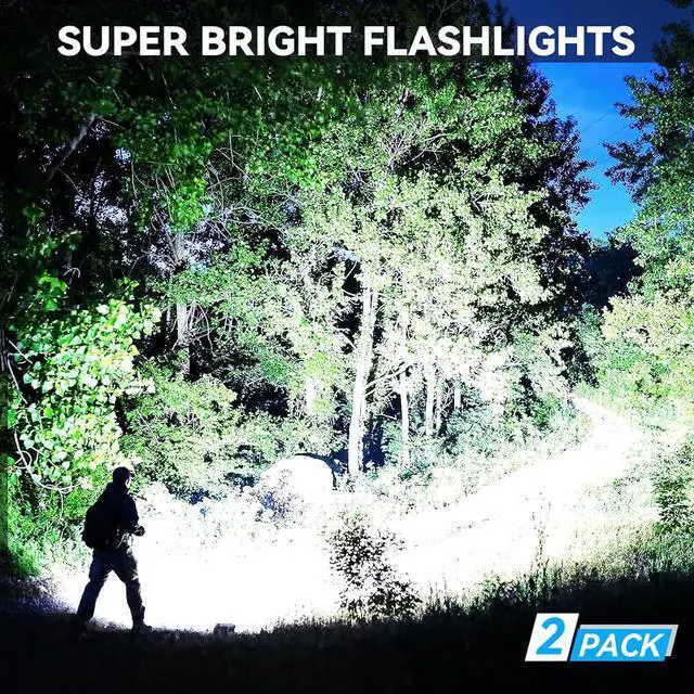 Alt view image 2 of 7 - 2 Pack Rechargeable LED Flashlights, 99,000 High Lumens Super Bright Flashlight, Adjustable Focus, IPX7 Waterproof, 5 Modes Handheld Flash Light for Camping Home Emergency(Black)